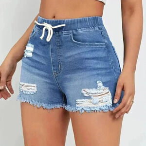 Denim Shorts Raw Hem Drawstring Elastic Waist